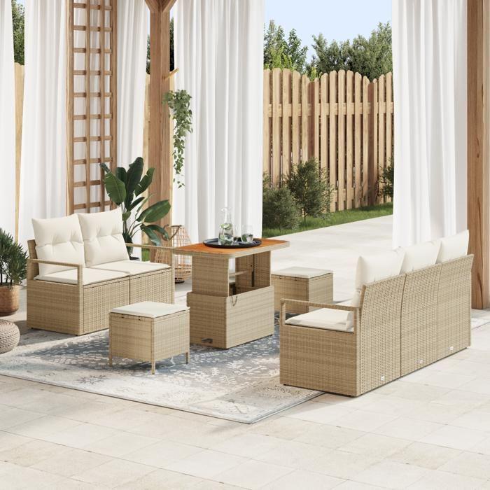 Ensemble de 8 pièces de Canapés de Jardin avec Coussins Rattan Beige Poly Acacia, Canapé de Jardin 2 Places avec Coussins 3362471