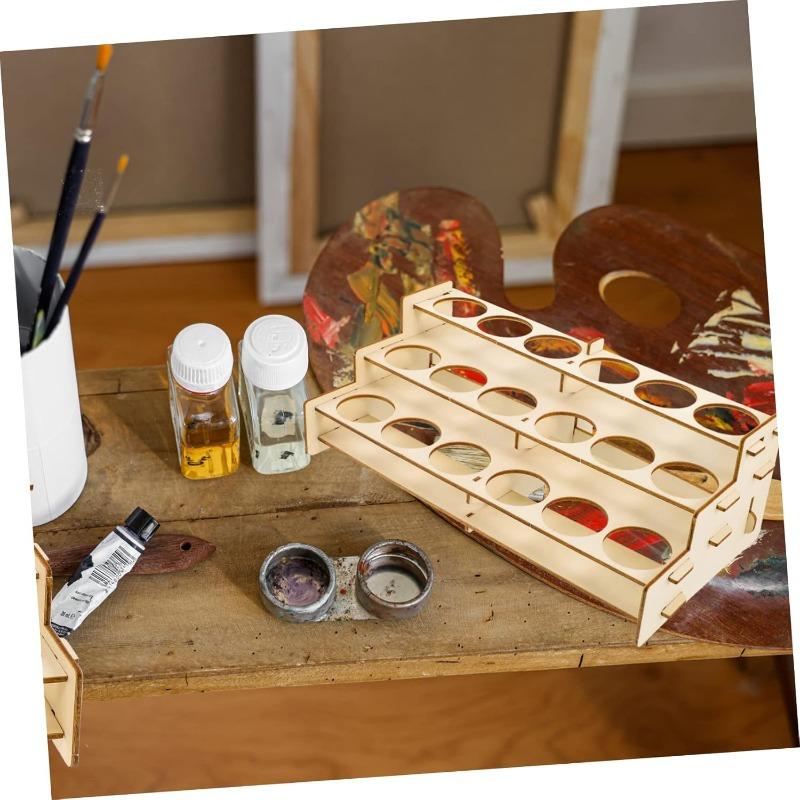 Wooden Paint Rack Organizer for Pigment Bottles and Art Supplies Display Shelf Compact Storage for Crafting and Painting Supplie