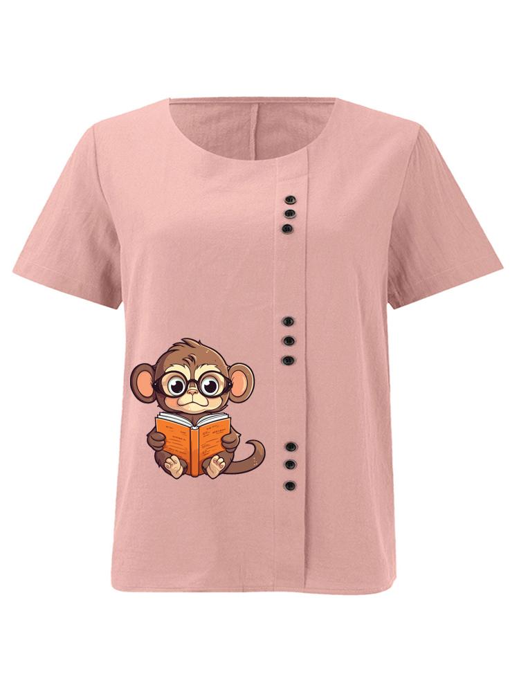 Женская модная футболка с принтом обезьяны, читающей книгу, с круглым вырезом и коротким рукавом, летняя, повседневная, хлопково-льняная, с графическим рисунком, для отдыха, свободная блузка, топы S розовый