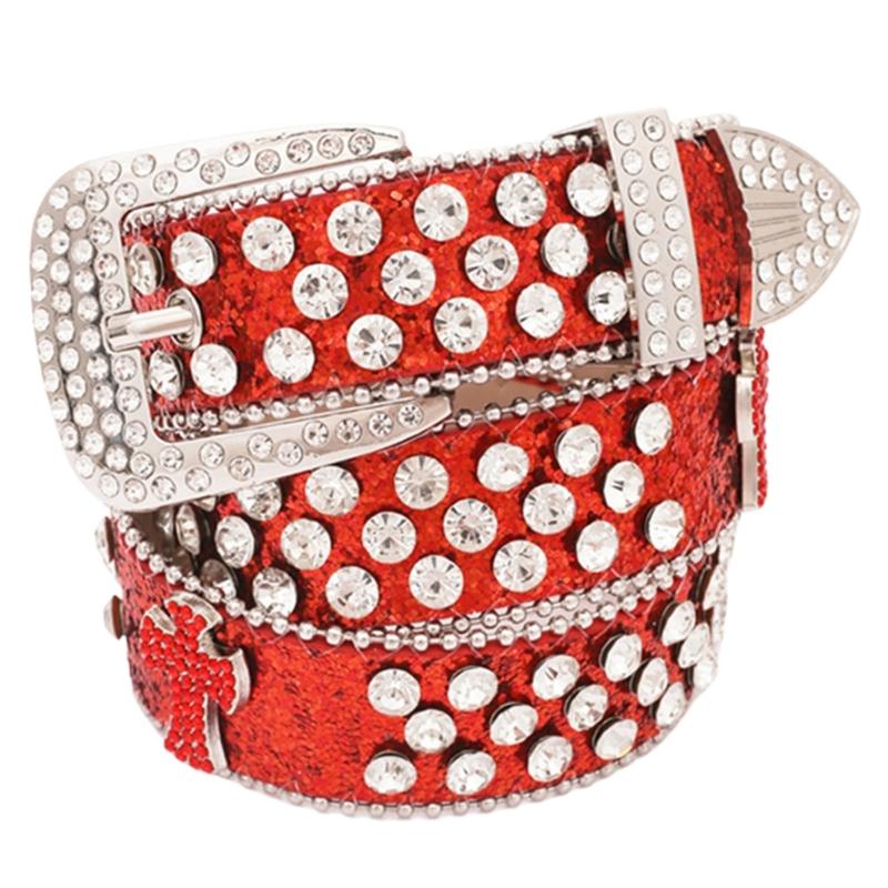 

Пояс с пайетками с бриллиантовой пряжкой-булавкой Пояс из искусственной кожи для рок-фанатов Износостойкий Регулируемый по длине пояс 105CM красный