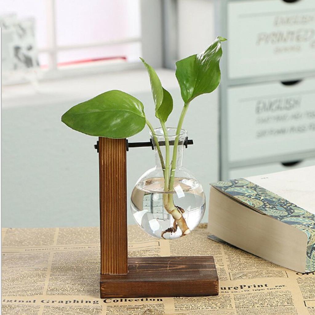 

Transparent Glass Planter Bulb Vase with Wooden Stand Desktop Glass Planter for Hydroponics Plants flower Coffee Shop Room Decor