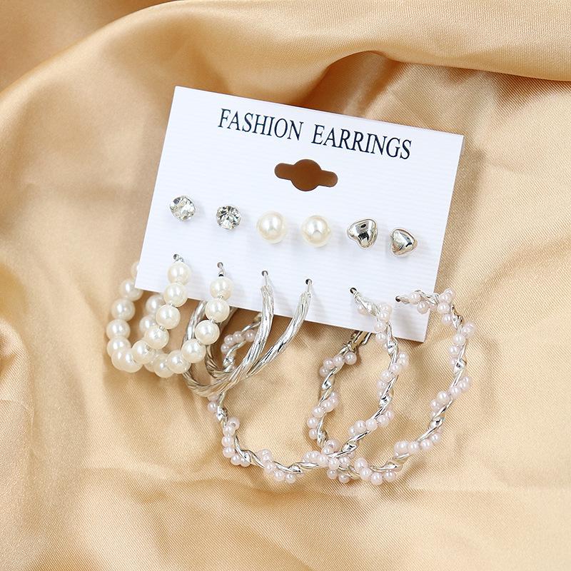 2024 European & American Fashion: Exaggerated Pearl & Crystal Butterfly Stud Earrings - 6 Pairs Set for Women