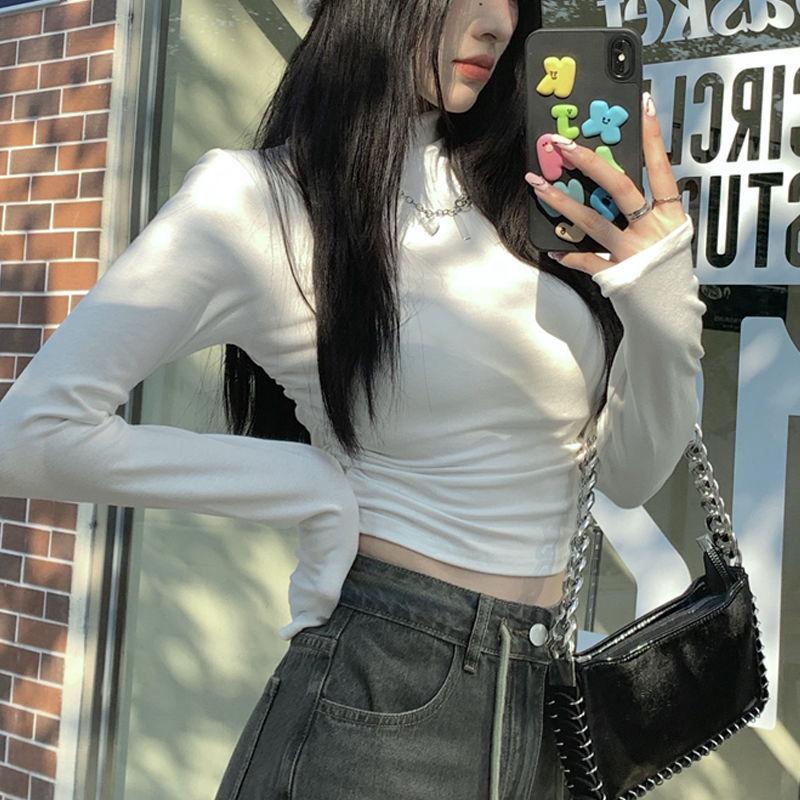 Women's Spicy Girl Ruched Semi-High Neck Slim Fit Long Sleeve Top