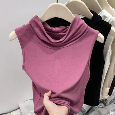 Ärmellose Modalweste Damen Herbst Hoher Kragen Einfach und Westernstil Flauschiger Kragen mit Weste Unterhemd