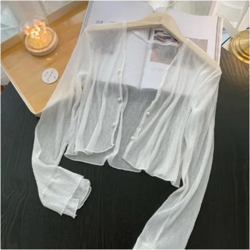 Summer Women Sheer Chiffon Button Down Cardigan Long Sleeve Crop Top M