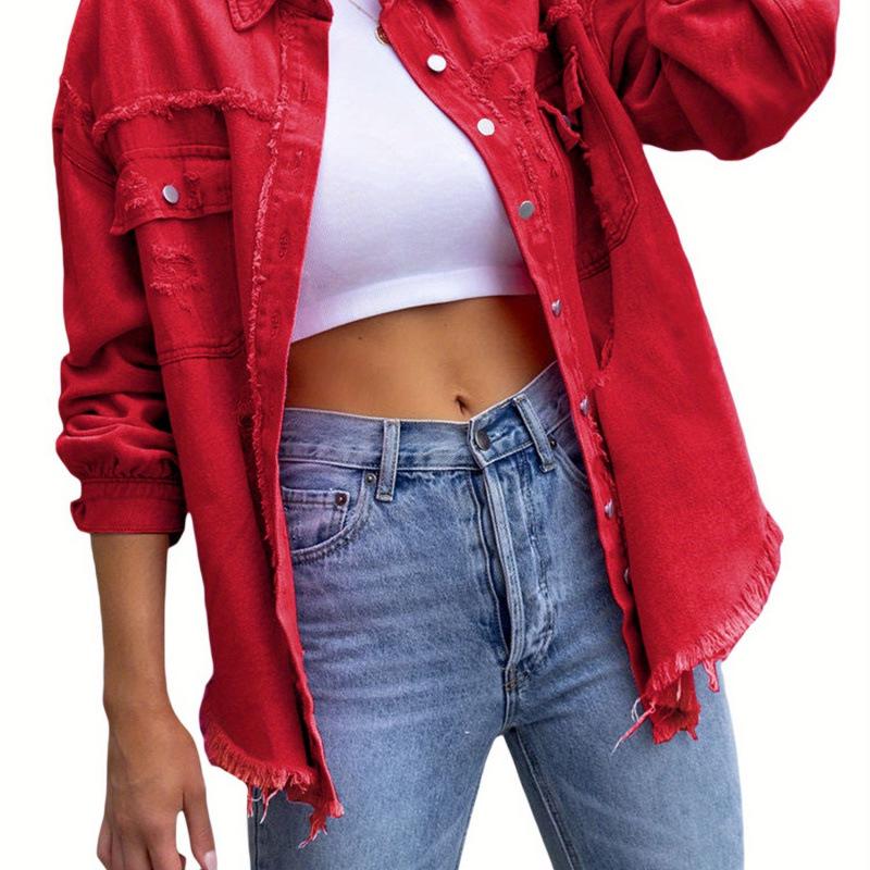 European-American Style Red Ripped Denim Long-Sleeve Jacket (2026)