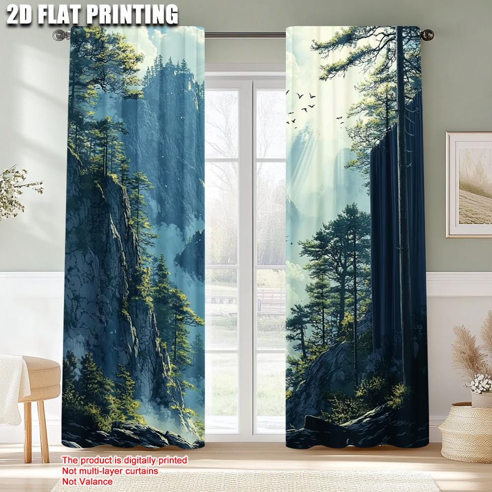 Set Of 2 Print Curtains Forest Mountain Scenery Versatile Polyester Without Rod All Seasons Use Bedroom Made Decor Window Treatment
