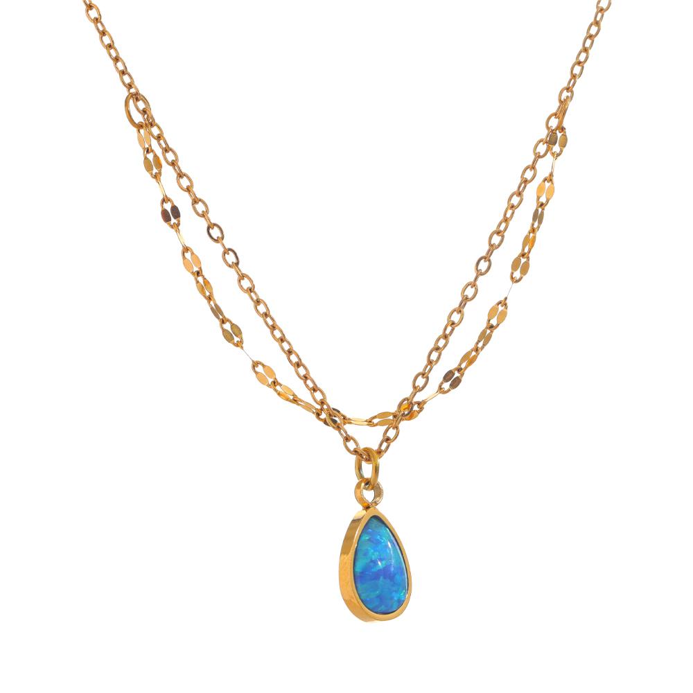 

Yhpup Exquisite Blue Opal Artificial Stone Pendant Double-layered Chain Stacking Necklace Stainless Steel Stylish Jewelry Gift