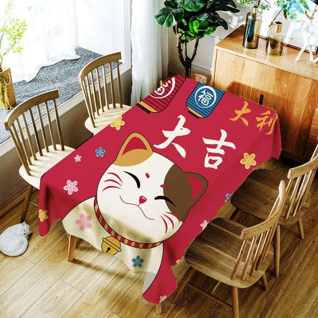 Cartoon Lucky Cat And Fish Printing Tablecloth Japanese Style Polyester Waterproof Table Cloth For Wedding Party Table Cover