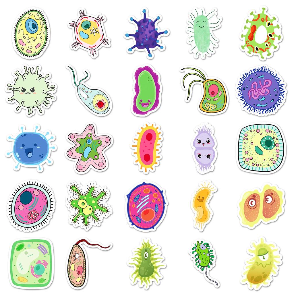 50 Microbial Graffiti Stickers: Cute Cartoon Decor for Journals, Water Bottles, and Phone Cases