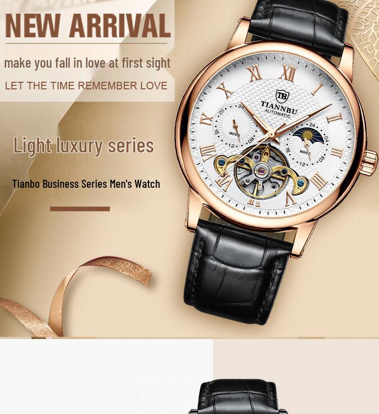 Relógio Masculino Automático Luminoso à Prova d'Água com Pulseira de Couro - Design Sol Lua Estrelas