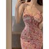 Cnyishe Sweet Summer Style Pink Floral Strap Dress Lace V-neck Patchwork Silm Sheath Dress