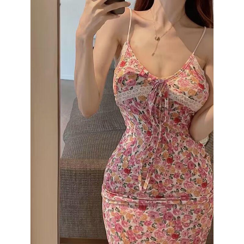 Cnyishe Sweet Summer Style Pink Floral Strap Dress Lace V-neck Patchwork Silm Sheath Dress
