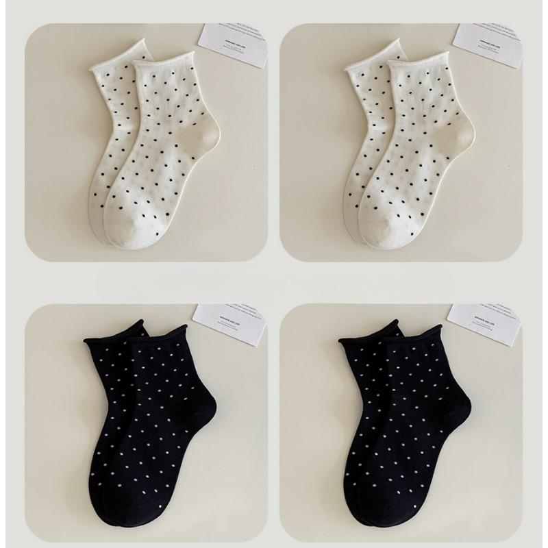 4 Pairs of Mid-calf Polka Dot Rolled Summer Cotton Socks, Sweat-absorbing, Odor-proof, Versatile and Simple Student Thigh-high Socks
