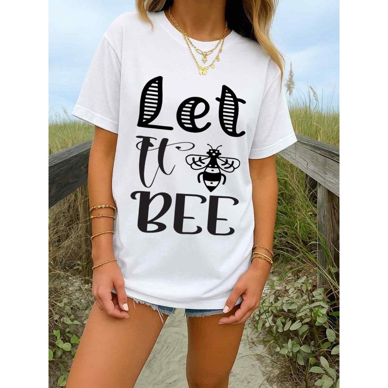 1 Pack Women s Beekeeping-Themed T-Shirts - Funny Bee & Let s Bee Print Short Sleeve Round Neck Casual White Tees with Beehive Design S белый