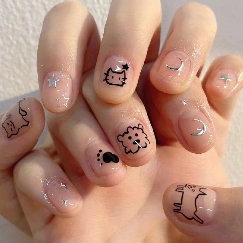 Cartoon Graffiti Nail Stickers: Kitten, Rabbit, Puppy, Starburst, Butterfly Designs with Adhesive