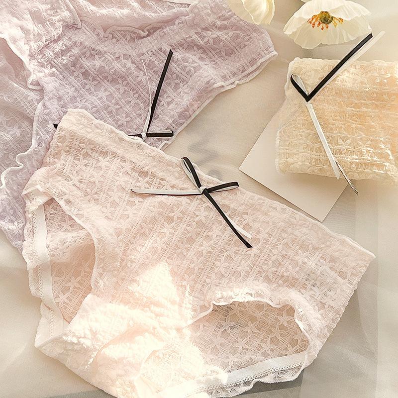 Vielseitige Schleifenspitzen-Unterwäsche für Mädchen Transparent Ausgehöhlt Sexy Slips Baumwollzwickel Dreieckige Slips