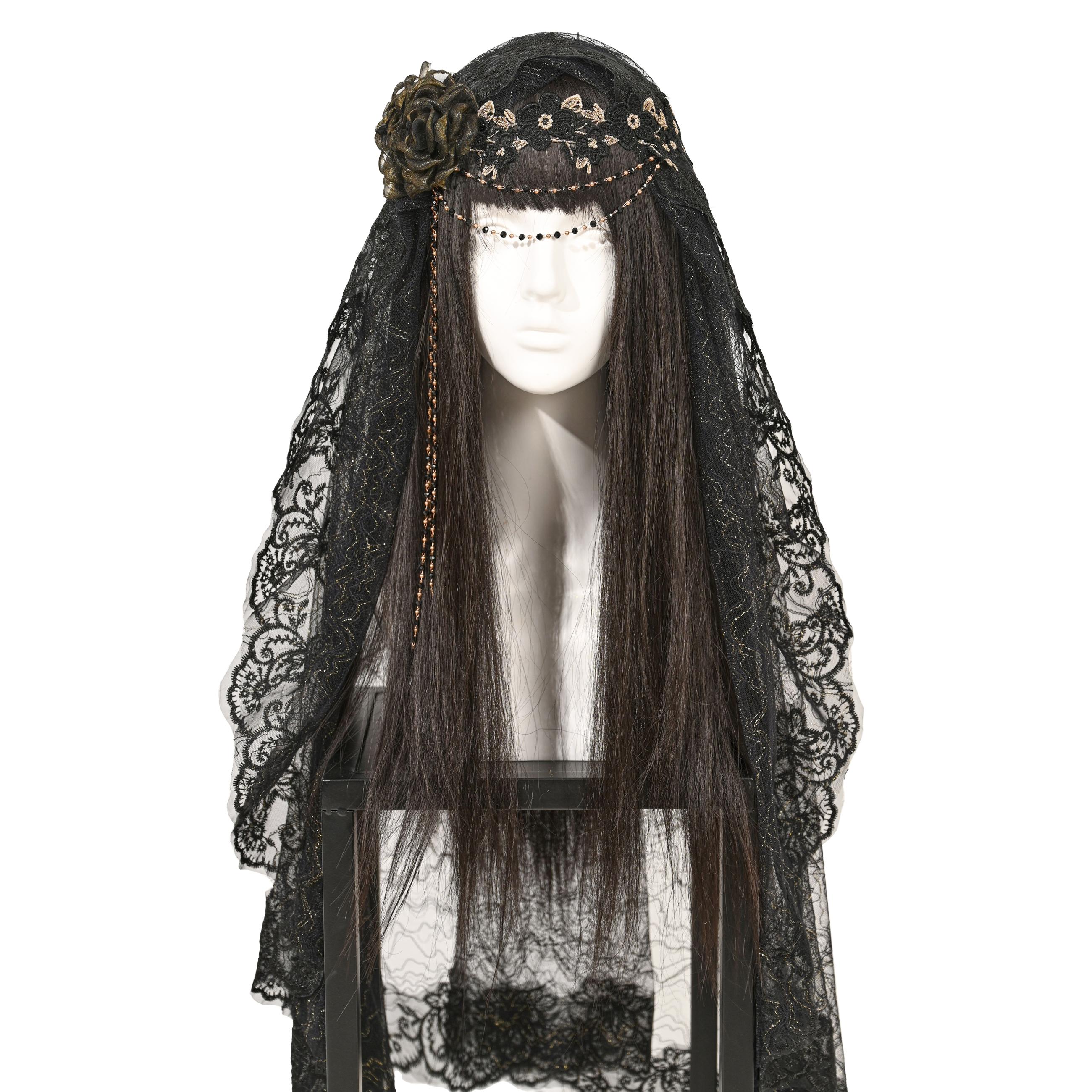 

Exquisite Gothic Black Lace Bridal Veil Intricate Floral Embroidery Delicate Beaded Accents for Wedding/Boho/Halloween Party