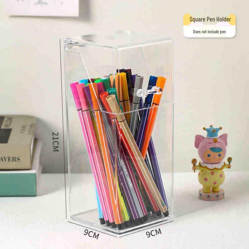 ZT2231 Acrylic Flip Pen Holder: Transparent Square Organizer and Makeup Brush Storage Box