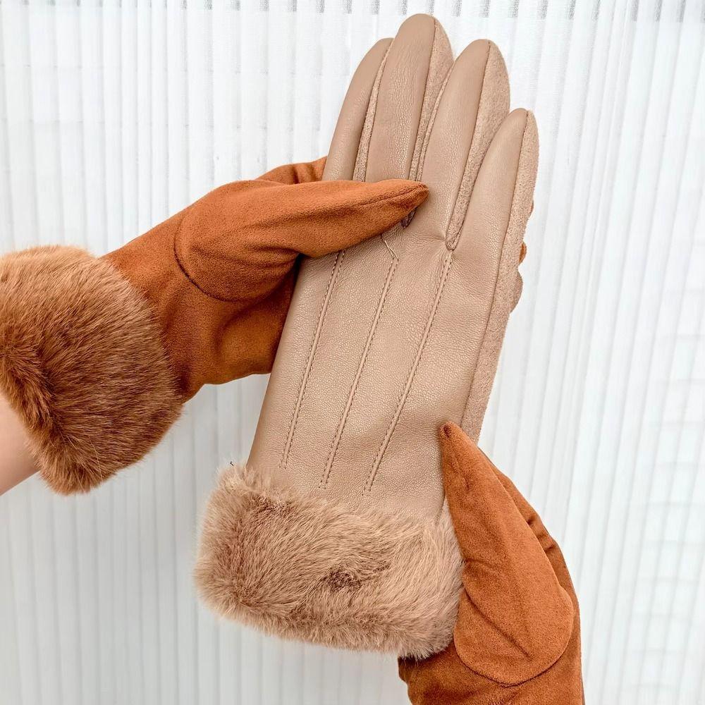 Solid Color Women's Leather Gloves Thicken Women's Winter Thermal Gloves  Cold Weather