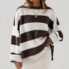 Women's Striped Neck Sweater with Long Bell Sleeves, Loose Fit Knit Pullover