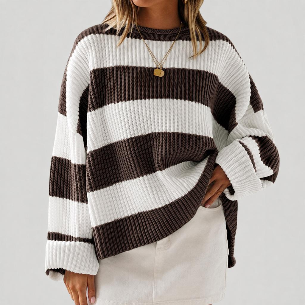 Women's Striped Neck Sweater with Long Bell Sleeves, Loose Fit Knit Pullover