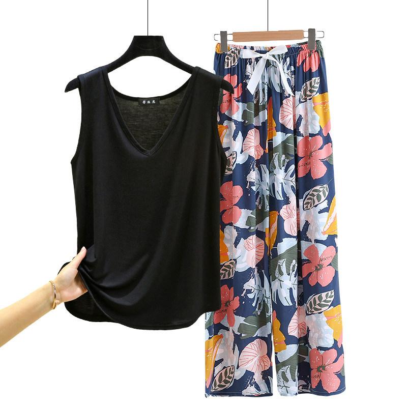 Lockere Modal-Pyjama-Sets Sommer V-Ausschnitt Tanktop und Florale Weite Hosen Lässiger Hausanzug ärmellos Loungewear Übergröße