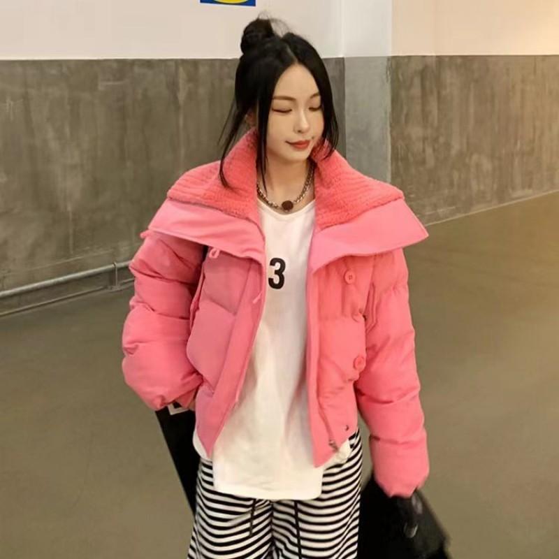 Womens Short Puffer Jacket Winter 2026 Warm Thick Cotton-Padded Coat Loose Fit Stand Collar Zip Front