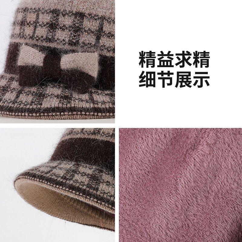 Middle-aged winter velvet thickened mother hat bow basin hat outdoor play rabbit fur warm knitted wool hat