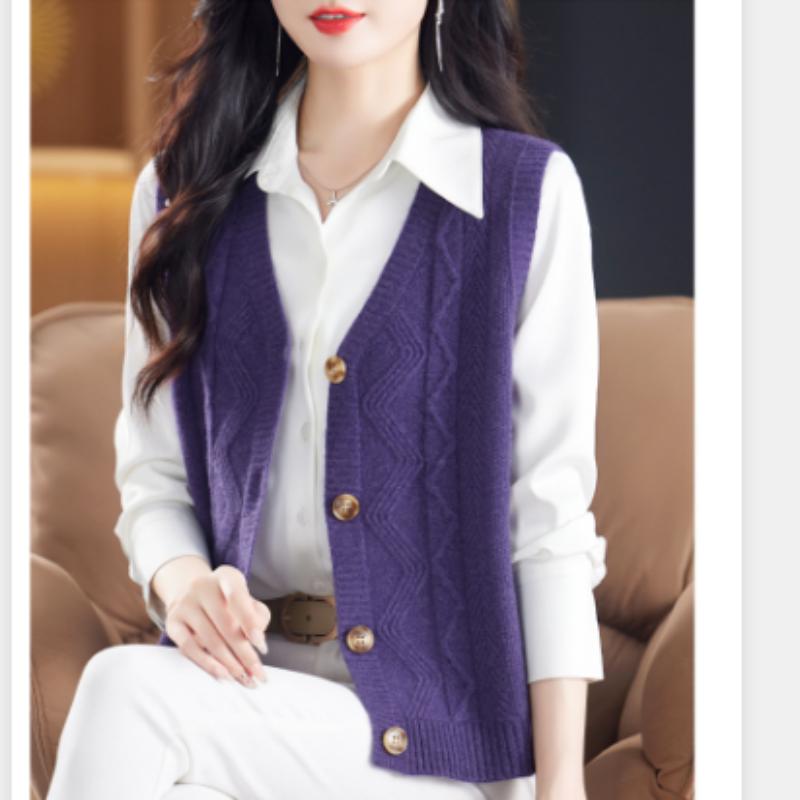 Women's Vest Autumn and Winter New V-neck Cardigan Sleeveless Solid Color Sweater Vest Loose Knitted Vest Mother's