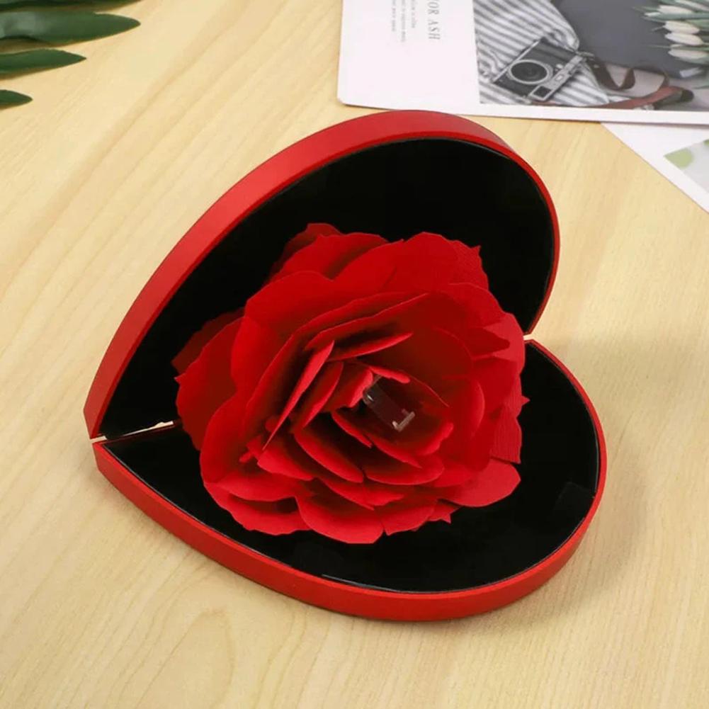 Herzförmige drehbare Rosenring-Box, High-End-Samt, verstellbar, kreative Geschenkbox für den Valentinstag zur Schmuckaufbewahrung