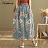 Mori Girl Spring Autumn Women Midi Denim Skirt Elastic Waist Floral Print Vintage Skirt Retro Elegant Ladies's Skirt With Pockets