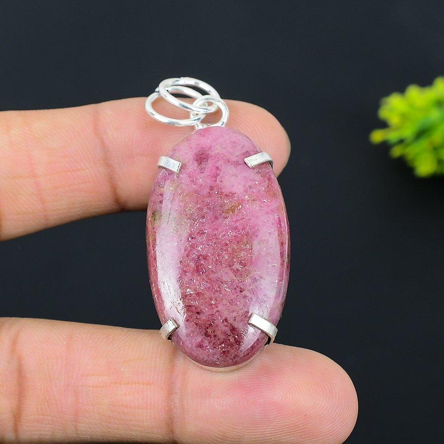Přírodní Rodonit Drahokam Ručně vyráběný Přívěsek ze Sterlingového Stříbra 925 2.17" r5G45