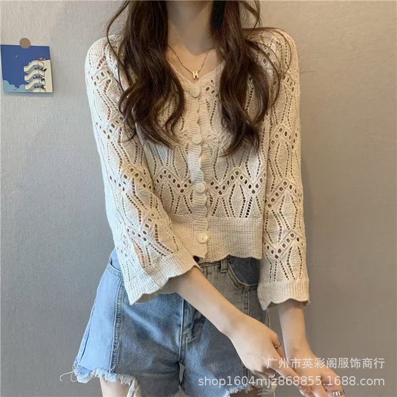 Summer Thin Knitted Sweater Women's Embroidered Hollow Long-sleeved Beach Clothes Women's Top Lace-up Jacket Versatile