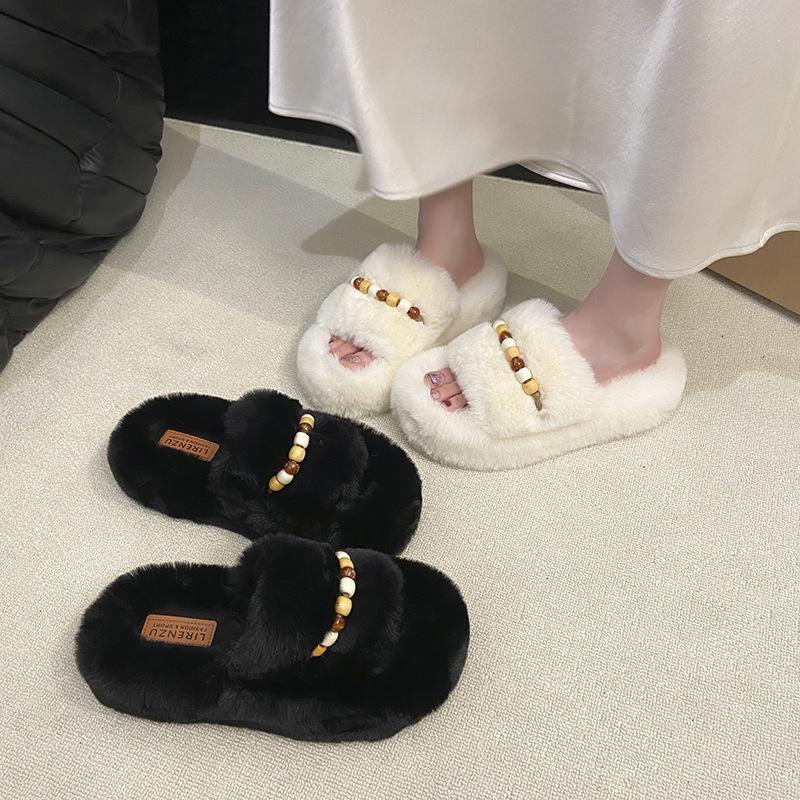 White thick-soled fluffy slippers for women's outer wear, one-word velvet to keep warm and increase height, autumn and winter 2025 new cotton slippers