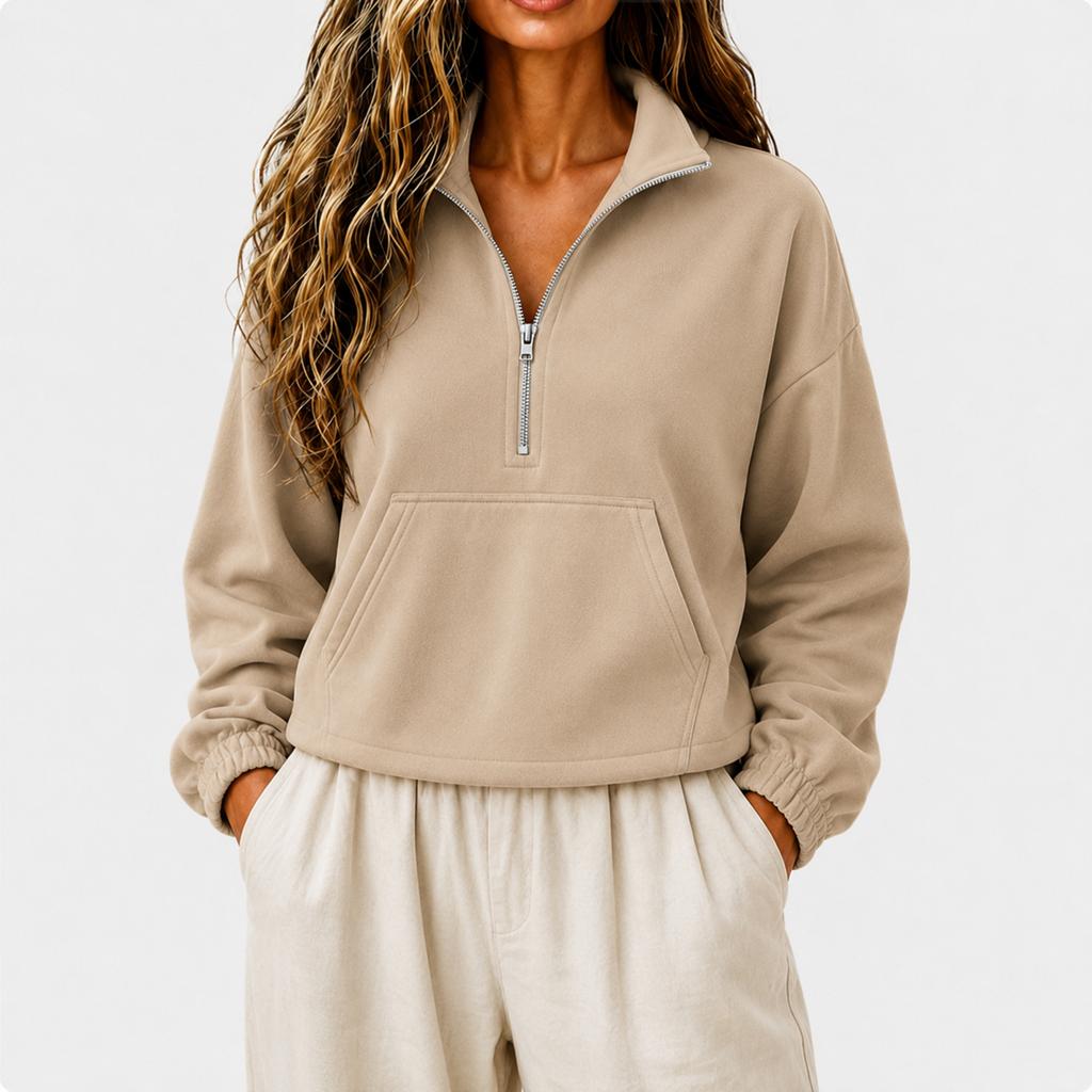 Women's Casual Half Zip Stand Collar Crop Hoodie Loose Long Sleeve with Pocket
