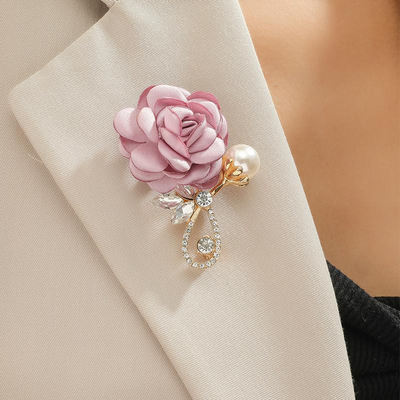 Rose Cloth Flowers Corsage Imitation Pearl Crystal Brooch Lady Fashion Suit Lapel Pin Casual Party Accessories Gifts