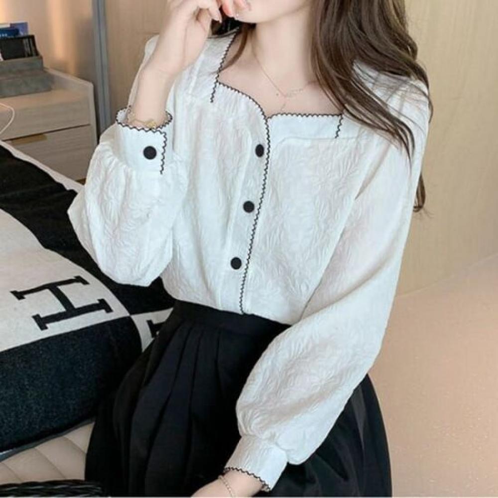 Navava Romantic Color Block Square Neck Long Sleeve Blouse Nb2929