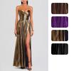 Women Gold Strapless Ruched High Slit Maxi Dress Multi Colors