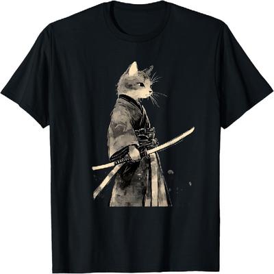 Vintage Samurai Katze Grafikkunst Japanisches Ukiyo-e T-Shirt(3)