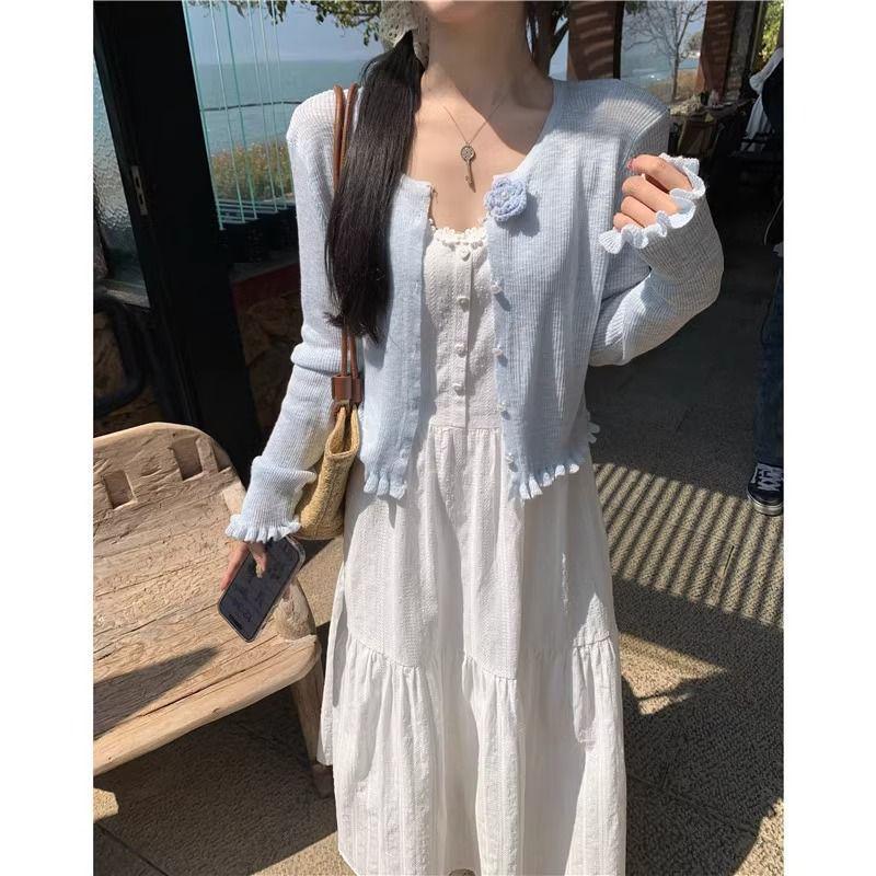 2026 French Summer White Dress & Spaghetti Strap with Knit Sun Protection Cardigan Set