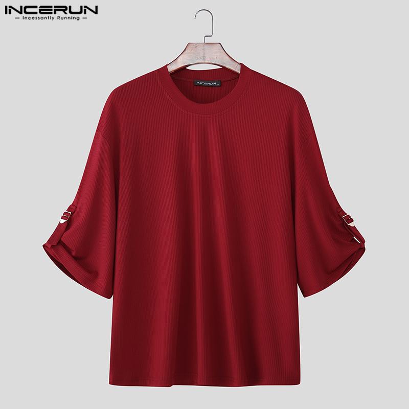 INCERUN Oversized Men Round Neck 3/4 Sleeve Rib Casual Loose T-Shirts Tops