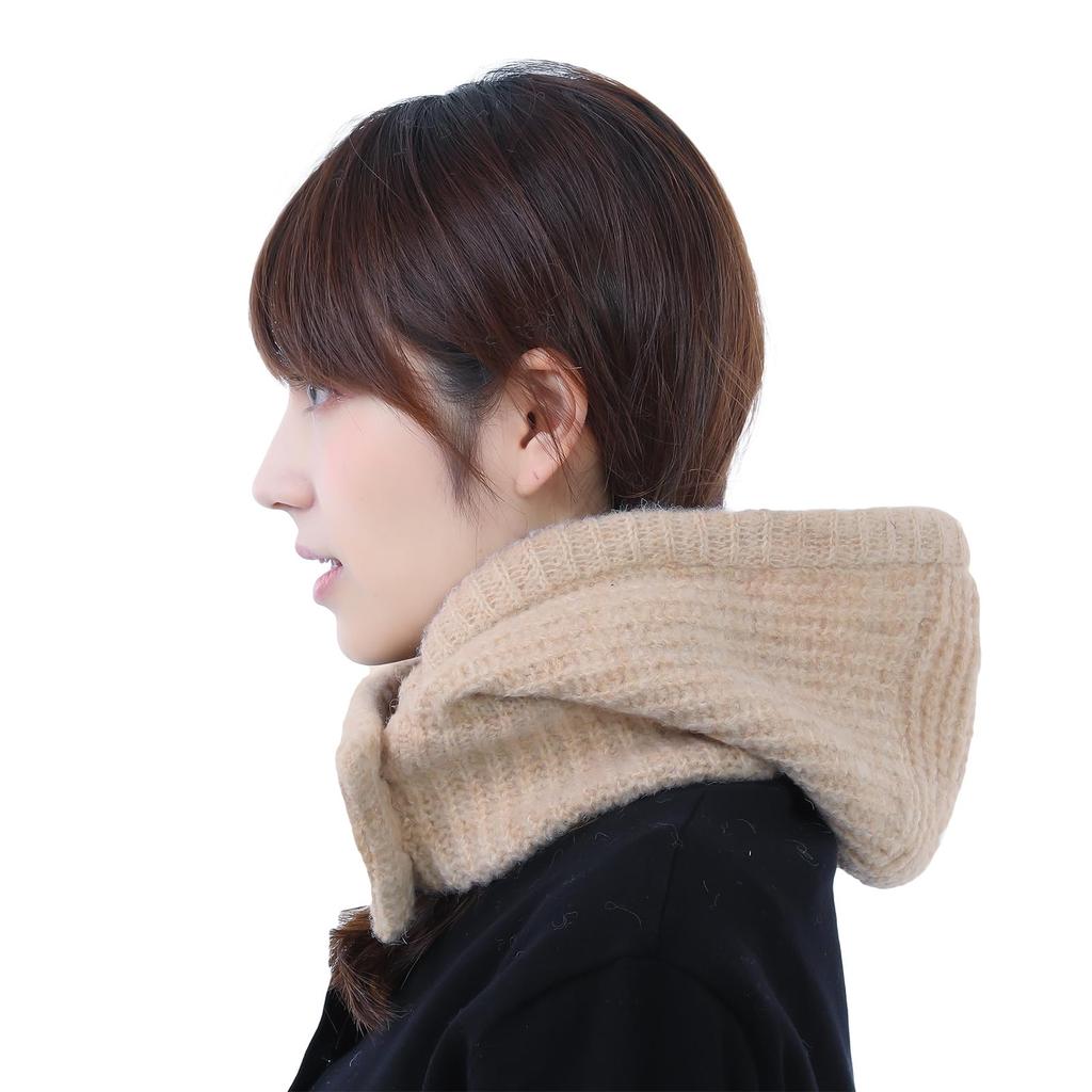 Knit Balaclava Neck Warmer with Warm and Stylish Hooded Scarf [TRAX SHOP] Women's Buttons, (Beige Mix)
