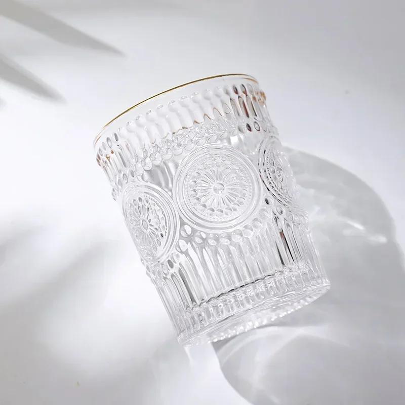 GIANXI Anaglyph Glass Cup Transparent High Temperature Resistance Thicken Glass Cups Retro Sun Flower Pattern Glasses Drinkware