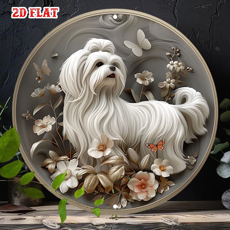 D Flat Metal Sign Retro Vintage Cute White Dog Metal Wall Art Rustic Pet Animal Round Tin Plaque Elegant Floral Butterfly Ho