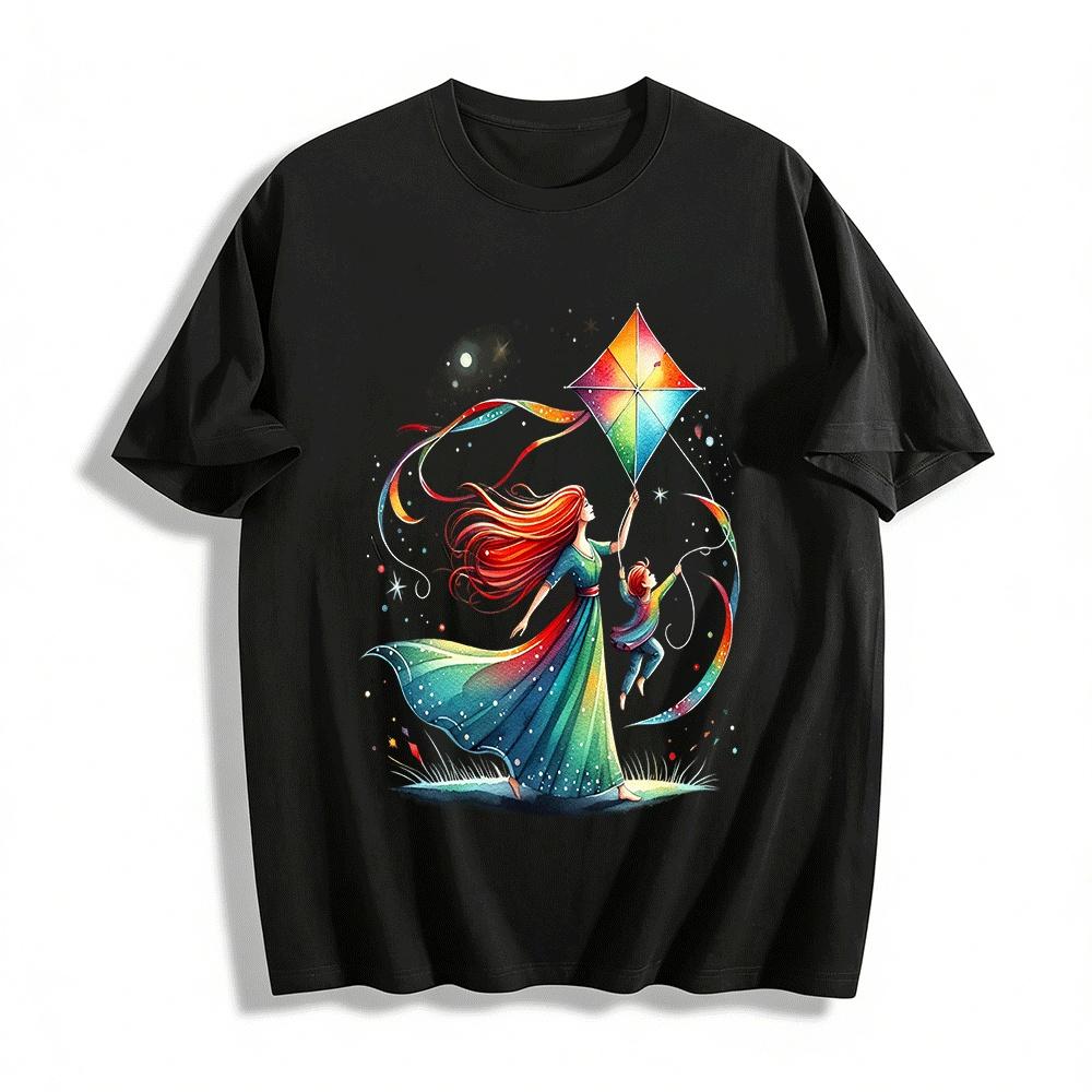 Watercolor Style Parent-child Kite Flying Print Casual Top Pure cotton T-shirt XXS