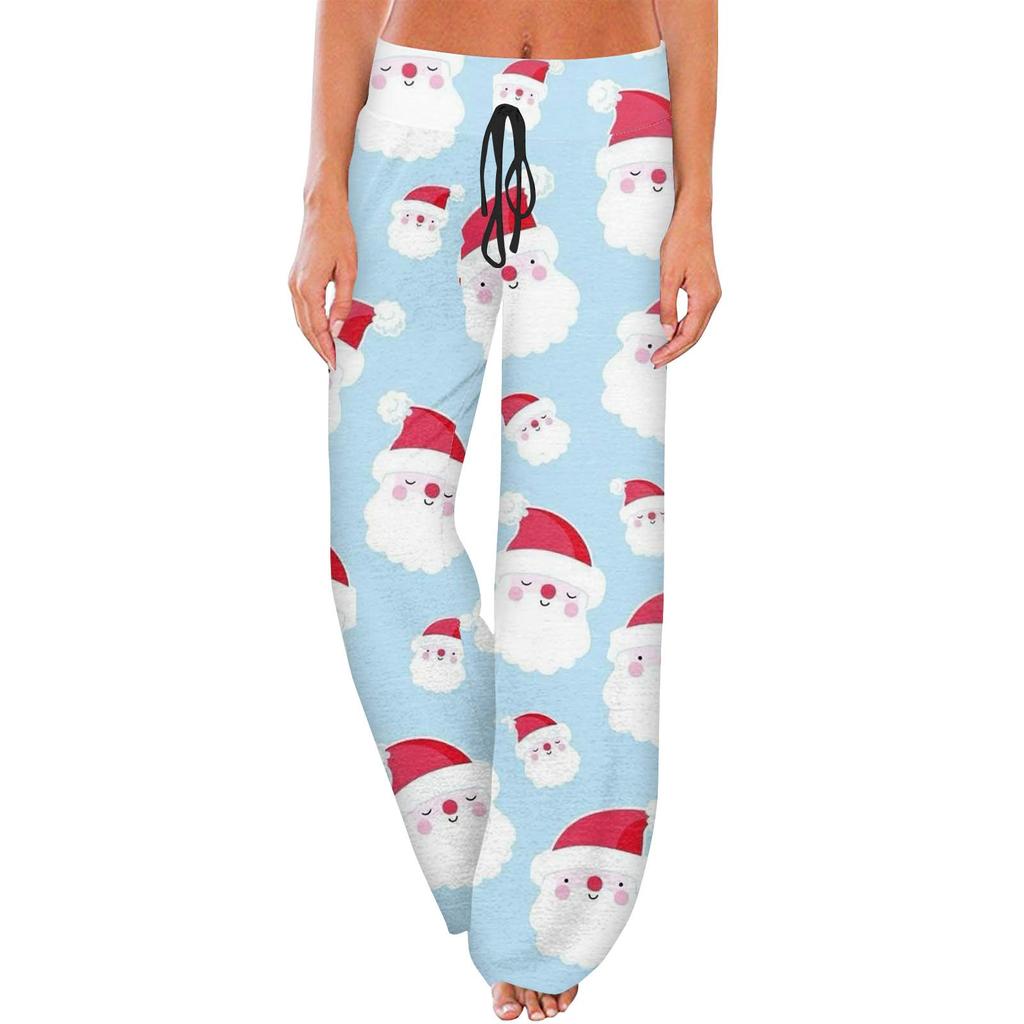 Women's Casual Fashion Comfort Pajama Pants Christmas Print Drawstring Wide Leg Pants
