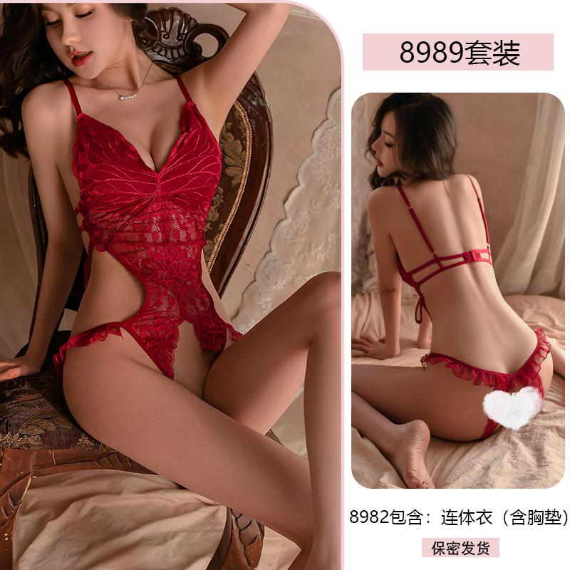 Original Sexy Pure Desire Butterfly Jumpsuit with chest cushion, Lace Seductive and Romantic Underwear, no-Take Pajamas 8989