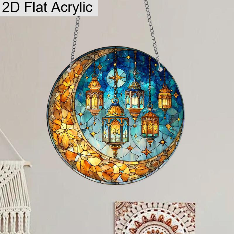 Acrylic Crescent Moon & Ramadan Lanterns Suncatcher, Stained Glass Effect Window Hanging Ornament for Islamic & Ramadan Lover Gifts