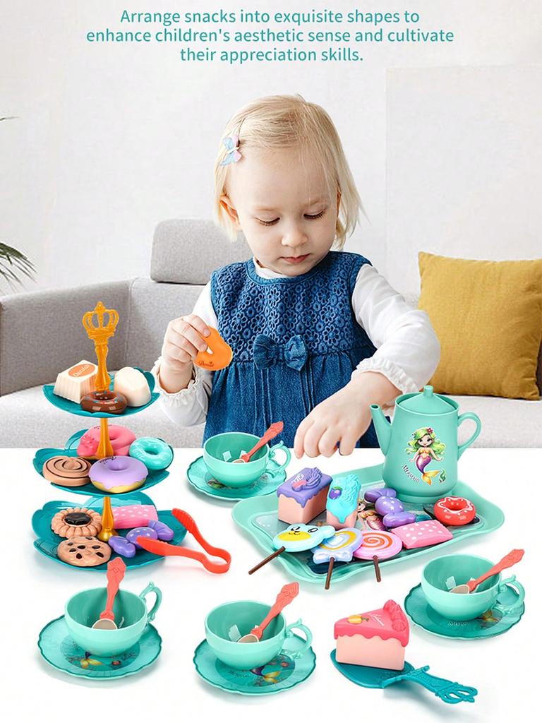 Girls Afternoon Tea Set , Mermaid Princess Afternoon Tea Toy, Tea Party Dress Up Toys, Simulated Dessert Cake Portable Gift Box